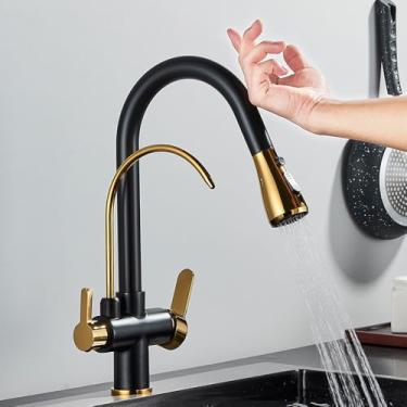 Imagem de Filtro de sensor de toque Torneira de cozinha Torneira de cozinha de latão com água pura Torneira misturadora retrátil Girar guindaste de água quente e fria Modo 2 vias, preto dourado