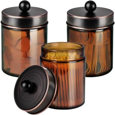 Imagem de Suporte Qtip de vidro âmbar, frascos de boticário com tampa de metal ORB e adesivos - conjunto organizador de armazenamento de dispensador Qtip de banheiro, recipiente de balcão para cotonetes de