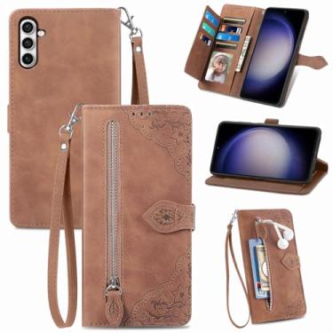 Imagem de Furiet Capa carteira para Samsung Galaxy S24/S25 5G com cordão de pulso, bolso com zíper com estampa de flor, porta-cartões, acessórios para celular, capa para celular S 24 24S 25 25S G5 marrom