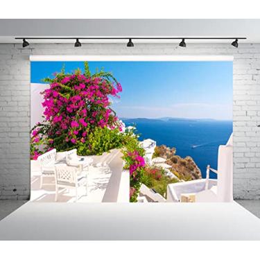 Imagem de BELECO Pano de fundo da ilha de Santorini da Grécia de 1,5 x 0,9 m para fotografia azul mar Egeu paisagem flores desabrochando fundo de Santorini Tema Grécia decorações de festa estúdio cabine de