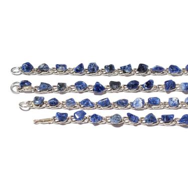 Imagem de 10 Pulseira Corrente Pedra Colada Sodalita Azul Natural Rolada Montagem Banho Prateado
