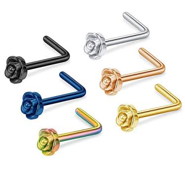 Imagem de Tvoip 6 peças 20G titânio piercing de nariz L forma de osso elegante rosa flor charme piercing de nariz brinco de argola prata brinco piercing corporal joia, aço de titânio, tachas de nariz