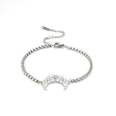 Imagem de SIPURIS Pulseira feminina lua crescente com pata de gato, lua celta, amuleto, amuleto religioso, One Size, Aço inoxidável, Sem Pedra Preciosa