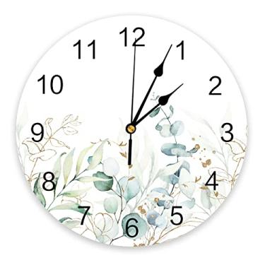 Imagem de Relógio de parede de PVC com folhas de eucalipto, silencioso, sem tique-taque, operado por bateria, relógio redondo de folhas verdes para casa, sala de estar, escritório, escola, cozinha, quarto,