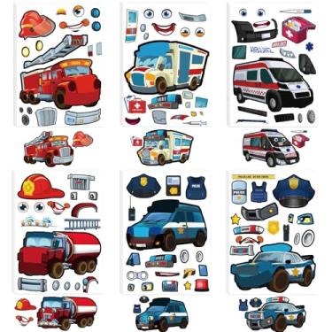 Imagem de 30 folhas faça seus próprios adesivos - Faça um rosto carro de polícia carro bombeiros caminhão ambulância adesivo para crianças pequenas artesanato faça você mesmo, presentes de aniversário sacos de