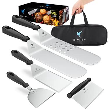 Imagem de Conjunto de 5 espátulas de metal de aço inoxidável com alça de plástico – Kit de acessórios de grade multiuso para churrasqueira – Panqueca, raspador de grelha, raspador de massa, espátula de grelha, perfurada