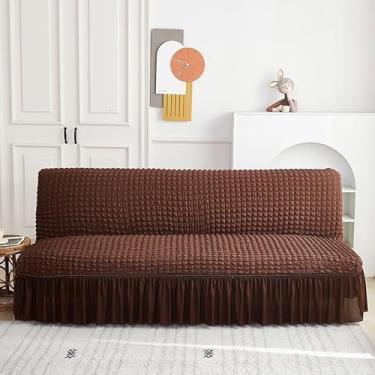 Imagem de Capa de futon sem braços com saia de babados, sofá-cama futon altamente elástica(Brown,Large (190-210cm))