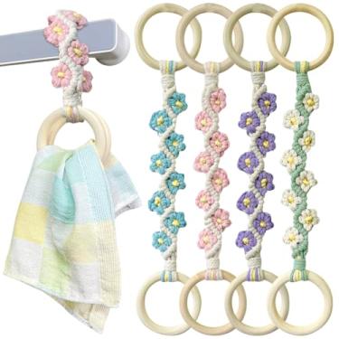 Imagem de 4 peças de anel de toalha de macramê de flor de margarida, suporte de toalha de prato de cozinha de crochê, cabide de toalha de cozinha feito à mão com laço de madeira para porta de fogão de forno de