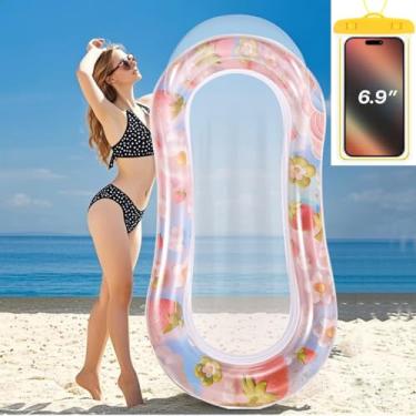 Imagem de Espreguiçadeira inflável para piscina com malha, rede de natação para adultos, design transparente de melancia/morangos, encosto de cabeça embutido (morangos)
