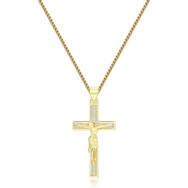 Imagem de MISS RIGHT Colar com cruz, banhado a ouro 18 K, banhado a prata, zircônia cúbica, cruz, colares com pingente de fé, moderno, de aço inoxidável, minimalista, joias, presentes, ouro, masculino, cruz