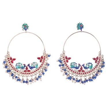 Imagem de Sunsoul Por Touchstone Indian Bollywood Feito à Mão Nacional Bird Peafowl Motif Rajasthan Meenakari Esmaltado Trabalho Faux Ruby Grande Designer Joia Brincos em Tom Prateado Para Mulheres., Diamante Liga de aço, Sem pedra preciosa