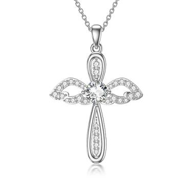 Imagem de WTYIM Colar de cruz para mulheres, colar de cruz de asas de anjo, prata esterlina 925, pingente de cruz de moissanita, colar feminino, presente de dia das mães, para mãe, esposa, avó, mãe, colares de