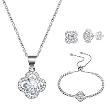 Imagem de Emibele Conjunto de joias de colar e brincos de trevo da sorte para mulheres, pulseira clássica banhada a ouro branco de 4 folhas, brincos de zircônia cúbica, colar com pingente de boa sorte, joias para o dia das mães, Metal, Zircônia cúbica