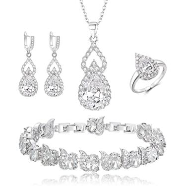 Imagem de EleQueen Conjunto de joias para mulheres, colar de zircônia cúbica de lágrima de prata, brincos e pulseiras, casamento/aniversário/dia dos namorados/presente de dia das mães para noivas/esposa/mãe,