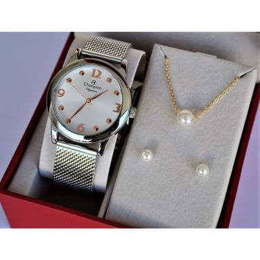 Imagem de Relogio champion feminino prateado CN26813Q + kit semi joia