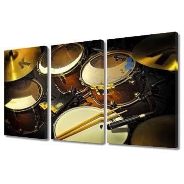 Imagem de Pôster de instrumento musical vintage e impressões em tela baquetas em imagens de tambor pinturas 3 painéis de arte de parede decoração de casa para sala de estar giclée moldura de madeira esticada