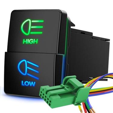 Imagem de Nilight Interruptor de botão duplo de feixe alto e feixe baixo 12V ON Off com kit de fio conector 3,3 cm x 2,2 cm substituição para Toyota Sequoia Highlander Tacoma Tundra 4Runner RAVR Yaris