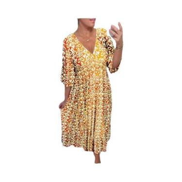 Imagem de Vestido Feminino Floral Com Decote Em V, Manga Curta, Cintura Elástica