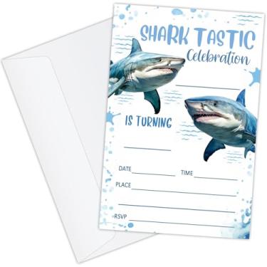 Imagem de 20 Convites de festa de aniversário de tubarão com envelopes Shark Tastic Ocean Party Supplies Pool Party Convites de festa de aniversário Convites de festa para meninos meninas crianças adolescentes