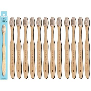 Imagem de Escova de dentes infantil de bambu biodegradável e ecológica, pacote com 12 - Cerdas macias sem BPA - Aprovado por dentistas e totalmente natural com "Brush Smile Repeat" gravada nas alças por Plus