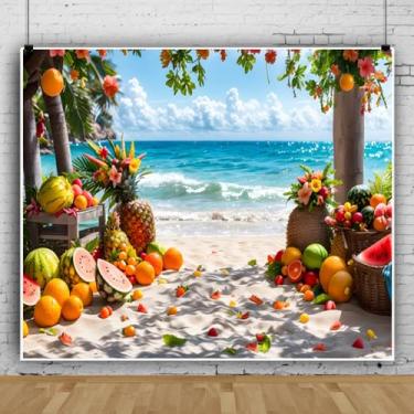 Imagem de Pano de fundo de praia tropical de 3 x 2,4 m para fotografia, frutas frescas, flores, havaianas, chá de bebê, aniversário, verão, decoração de festa temática de praia, adereços de cabine de fotos