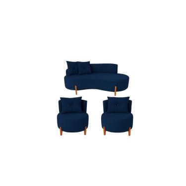Imagem de Conjunto 2 Poltronas + Sofá Curvo Orgânico Veludo Azul Marinho - Montanaris Decor