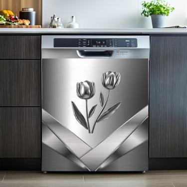 Imagem de Design de aço inoxidável com estampa de flores magnéticas para lava-louças capa para porta da frente, capa magnética de geladeira decorativa de cozinha, adesivo de vinil para eletrodomésticos 58 cm L