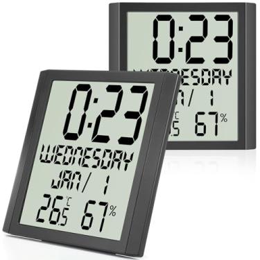 Imagem de Kingdder Pacote com 2 relógios atômicos, números de 20 cm, relógio digital de parede, ambientes internos e externos, com exibição de temperatura, umidade, calendário, operado por bateria, sensor