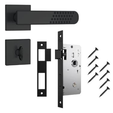 Imagem de Kit 1 Fechadura Completa Stam Preta Porta Madeira Banheiro Chave Fixa 823/21 Maçaneta Roseta Quadrada Contra Testa Parafusos
