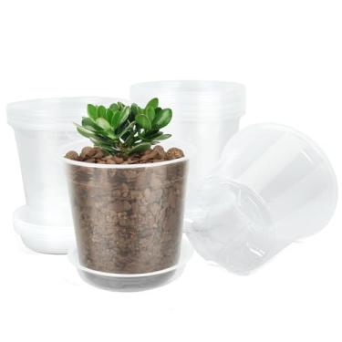 Imagem de TAQIXI Pacote com 20 vasos de berçário transparentes de 15 cm, vaso de plástico transparente com orifícios de drenagem e pires, vasos de sementes para iniciantes para suculentas (15 cm)
