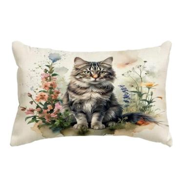 Imagem de JAERUE Capa de almofada decorativa de gato com decoração floral de casa de fazenda fronhas para sofá sofá varanda pátio primavera verão capas de almofada lombar, 12×20 polegadas (cinza)