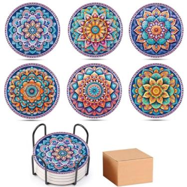 Imagem de Porta-copos de mandala colorida de 6 peças - Porta-copos de pedra e cortiça com acessórios absorventes para bebida, mesa de centro, decoração de casa e escritório. Exclusivo para homens, mulheres e