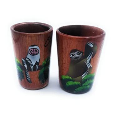 Imagem de Kal Crafts - Conjunto de 2 copos de dose de tequila de madeira - Pintados à mão com desenhos de macaco e preguiça da floresta tropical da Costa Rica - 44,4 ml ou 45 ml (2PK Macaco-Preguiça)