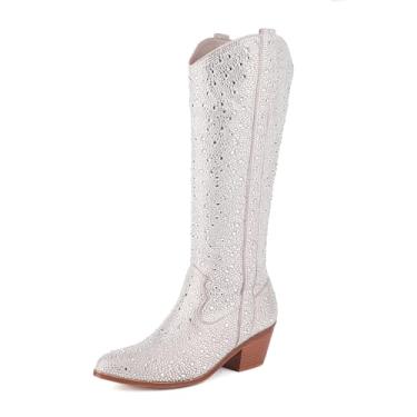 Imagem de XEYANFYS Botas De Cowgirl Com Strass - Brilhantes, Cano Largo, Bico Fino, Salto Grosso E Zíper Lateral, Prata, 9