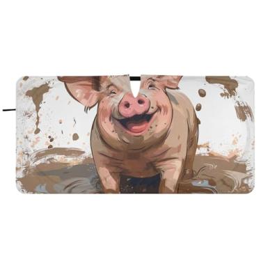 Imagem de Cute Piggy Sombrinha de Porco de Lama Sorridente para Para-brisa de Carro Bonito Dobrável Animal Automotivo Protetor Solar, 81 cm x 157 cm