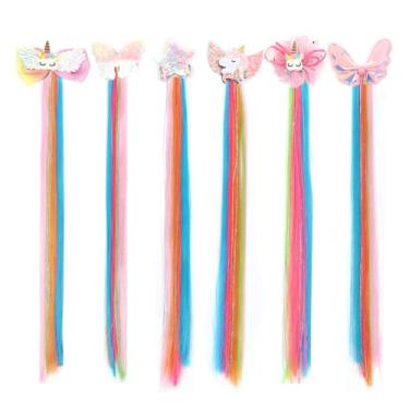 Imagem de 6 peças de acessórios de cabelo para meninas, laços para meninas, grampos de cabelo de unicórnio com extensões de cabelo ombré coloridas, design de laço de glitter