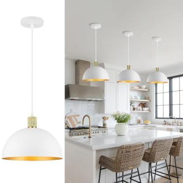 Imagem de Karjearl Luminárias Pendentes Em Ouro Branco Para Ilha De Cozinha, Modernas Cúpula 11,8" Sala Jantar, Corredor, Pia, Entrada