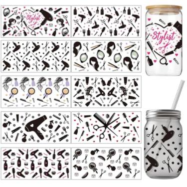 Imagem de arricraft 10 peças de adesivos de transferência de copo de PVC com tema de cabeleireiro, tesoura colorida, padrão de secador de cabelo, kit de adesivos de copo à prova d'água UV para decoração de casa