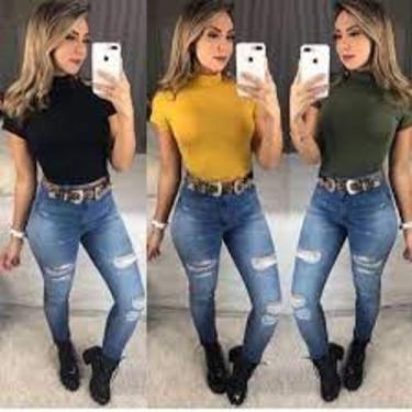 Imagem de Blusa feminina gola alta manga curta basica malha canelada blogueira -