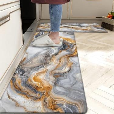 Imagem de tubeamin Tapetes De Cozinha Para Piso, Antifadiga, Mármore, Acolchoado, Espuma Viscoelástica, Pvc, Antiderrapante, Couro, Confortável, Conjunto 2, 17,3 X 28 + 47, 0,4 Pol. Espessura