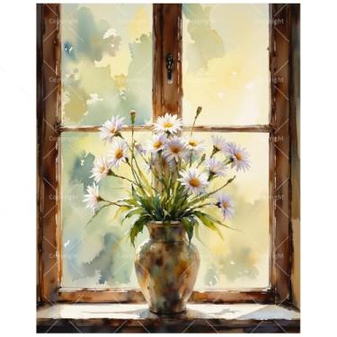 Imagem de Kit de pintura floral por números para adultos – Margaridas DIY em vaso de cerâmica por pintura de janela em tela 40 x 50 cm, conjunto de tinta acrílica, adequado para iniciantes, arte para decoração