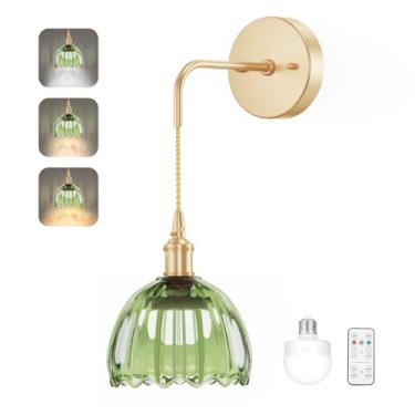 Imagem de Kavedod Arandela de parede operada por bateria CCT luz regulável sem fio, luminária vintage com abajur de vidro tulipa decoração de parede para sala de estar quarto cabeceira 1 peça verde