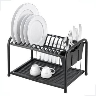 Imagem de Escorredor Organizador Louça Pia Cozinha Bancada Duplo Pratos Talheres Copos Compacto Preto