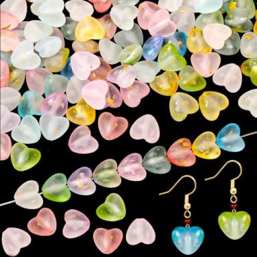 Imagem de 50 peças de contas coloridas transparentes de coração de acrílico para fabricação de joias, pingentes de coração com glitter fosco com folha dourada, conta espaçadora colorida fofa para pulseira