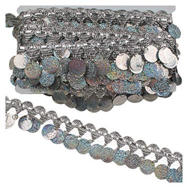 Imagem de MIPPER 10 metros em forma de moeda, acabamento de borla de lantejoulas, 4 cm de largura, franja, renda, vestido de dança, corrente, fita de roupas DIY (prata)