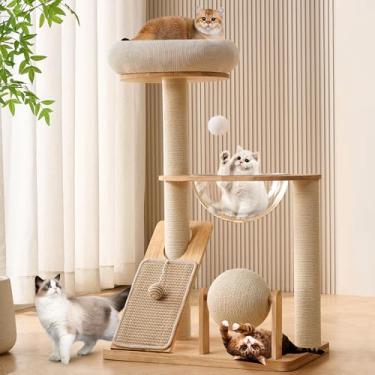 Imagem de HITTITE Torre de madeira maciça para gatos com poste para arranhar, torres para gatos de 95 cm de altura com tábua de arranhar e bola arranhadora, torre moderna para gatos com cápsula espacial e cama