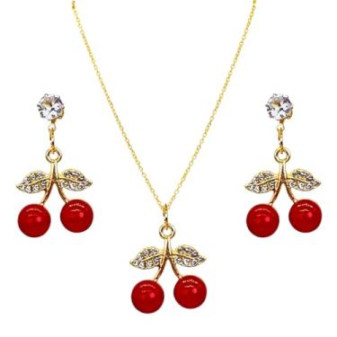 Imagem de QUPENGXU Conjuntos de frutas delicados de zircônia cúbica feitos à mão para mulheres, brincos pendentes de borla de cereja para mulheres, presentes de verão, trumpet, Metal, Sem Pedra Preciosa