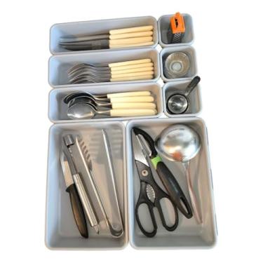 Imagem de Organizador de Gaveta Modular de Plástico com 8 Divisórias - Cinza - Resistente, Ajustável, Ideal para Talheres