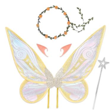 Imagem de ALIBBON Conjunto de fantasia de fada dourada com glitter com guirlanda floral, orelhas de elfo para mulheres e adultos, acessórios de fantasia de asas de borboleta de organza para festas de Halloween