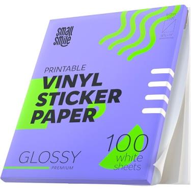 Imagem de Papel adesivo de vinil imprimível premium para impressora a jato de tinta e laser - 100 papel adesivo branco brilhante à prova d'água - papel adesivo de durabilidade 21 x 28 cm (brilho brilhante, 100